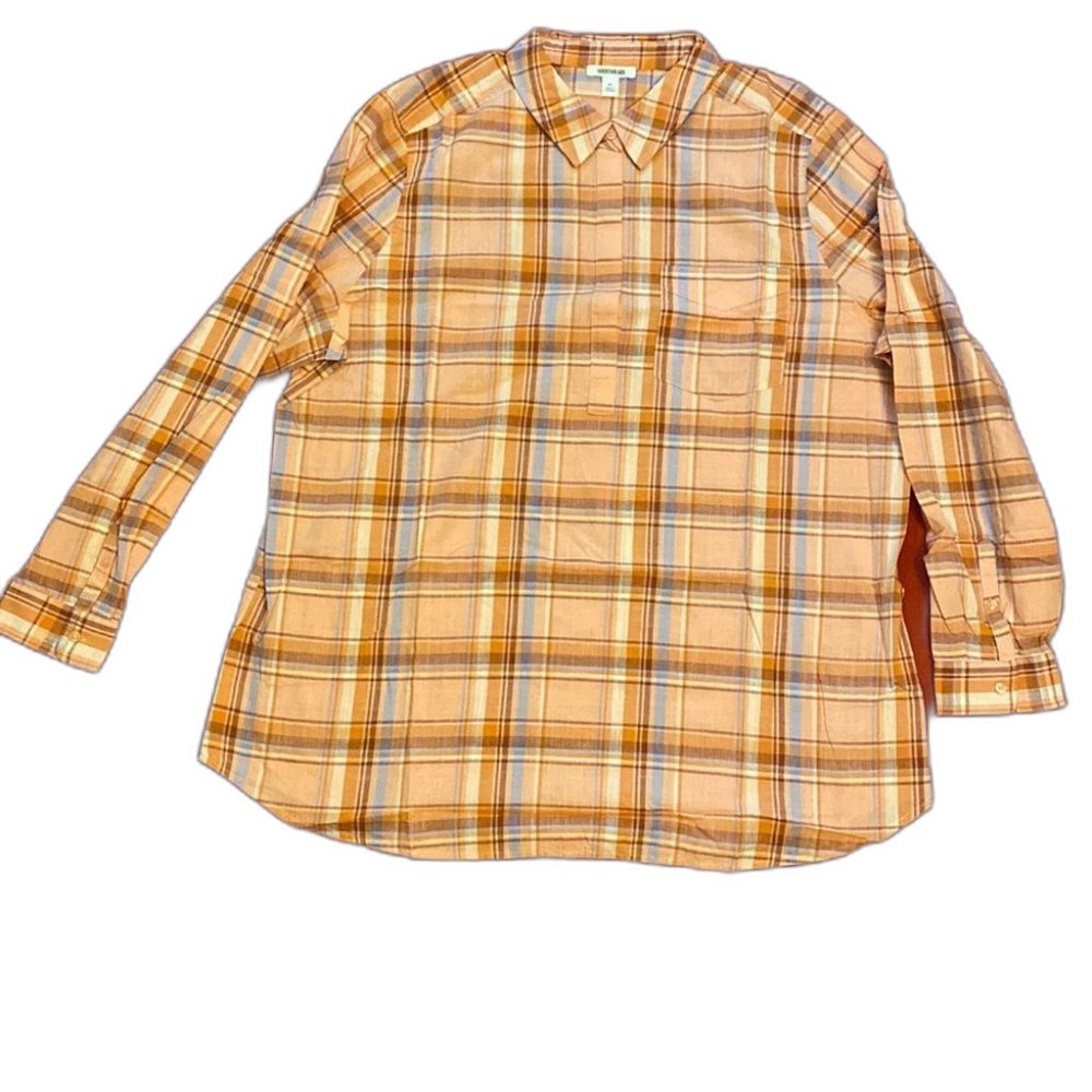 GoodThreads Womens Washed Cotten Popover Plaid Tunic Orange Women Size XL